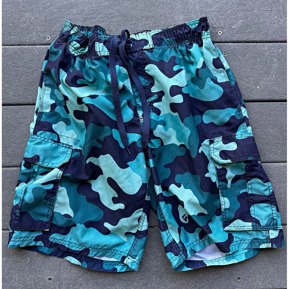 Kanu Surf Boys Swim Trunks M Blue Green Black Camouflage Drawstring Mesh Lined